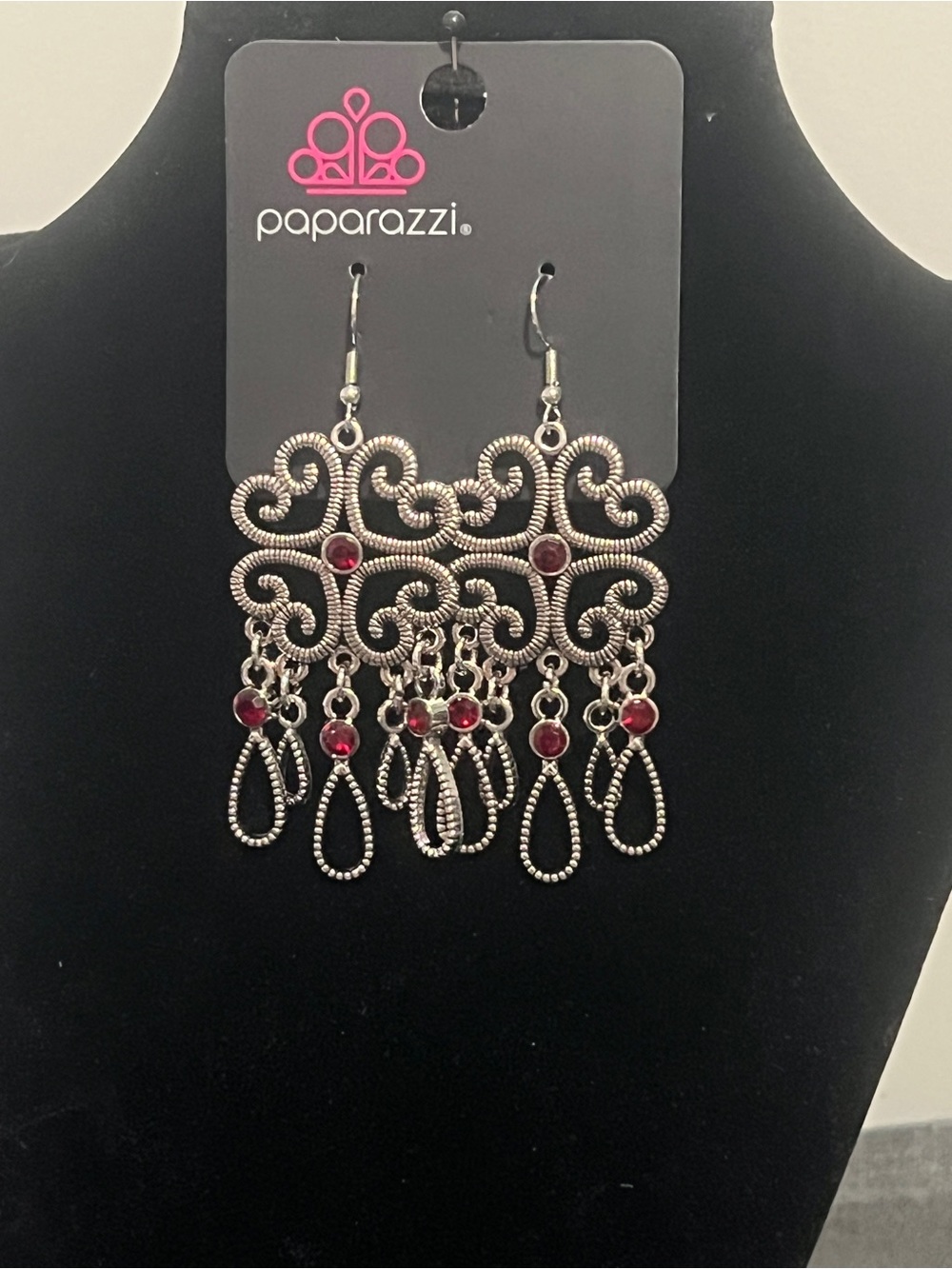 Paparazzi Silver-Tone Filigree Chandelier Earrings with Red Stones